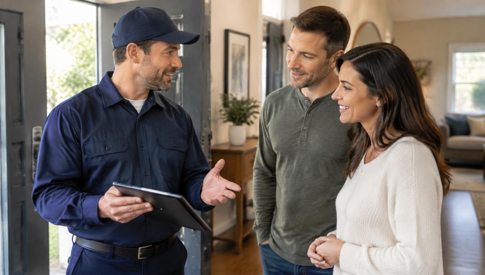 A technician explaining repair options to homeowners