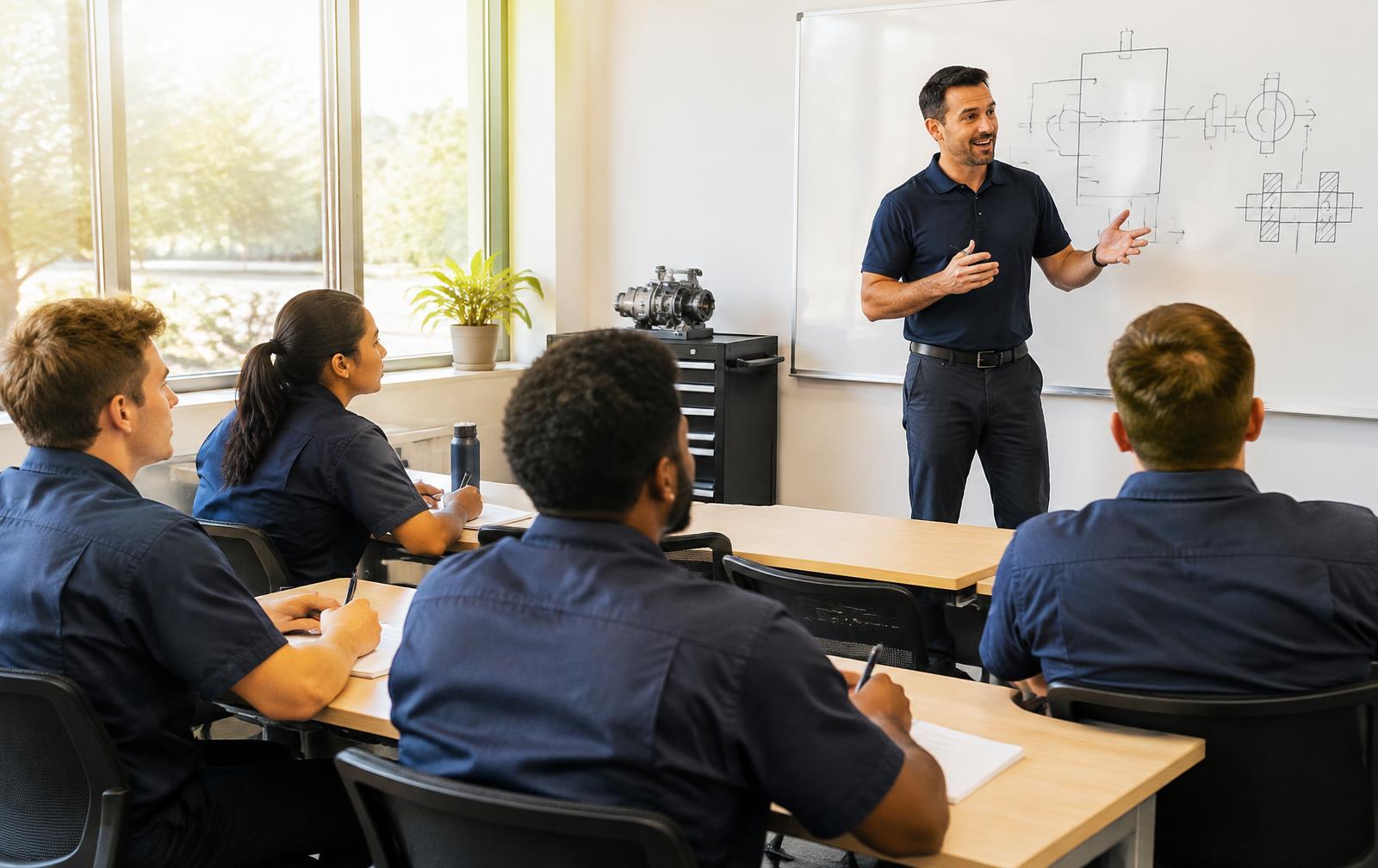 A trainer coaching a group of technicians in a workshop